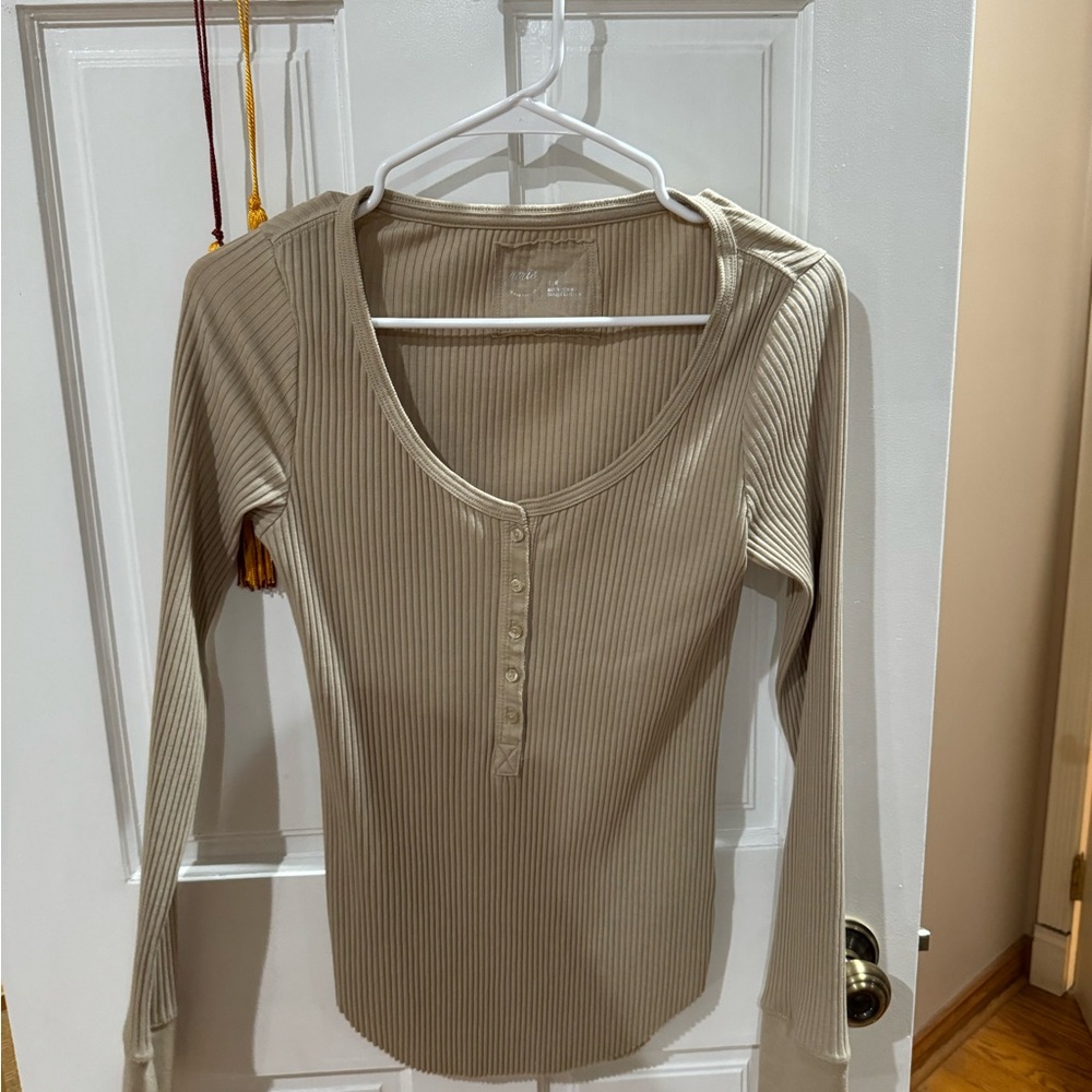 Aerie Ribbed Tan Long Sleeve Bodysuit
